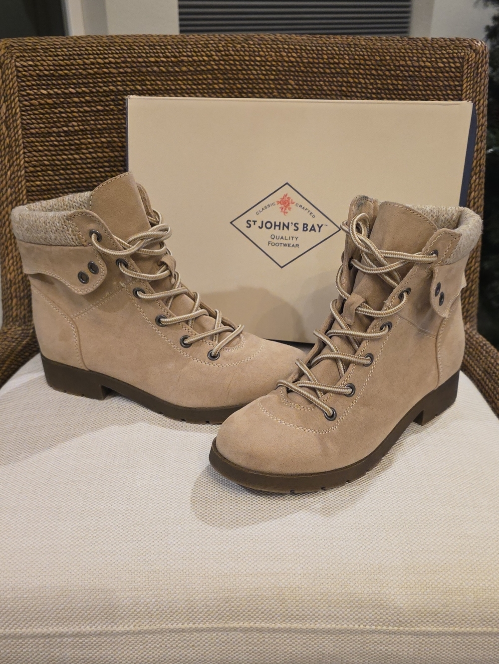 St. John's Bay Women's Beige Lace-Up Suede Ankle Boots